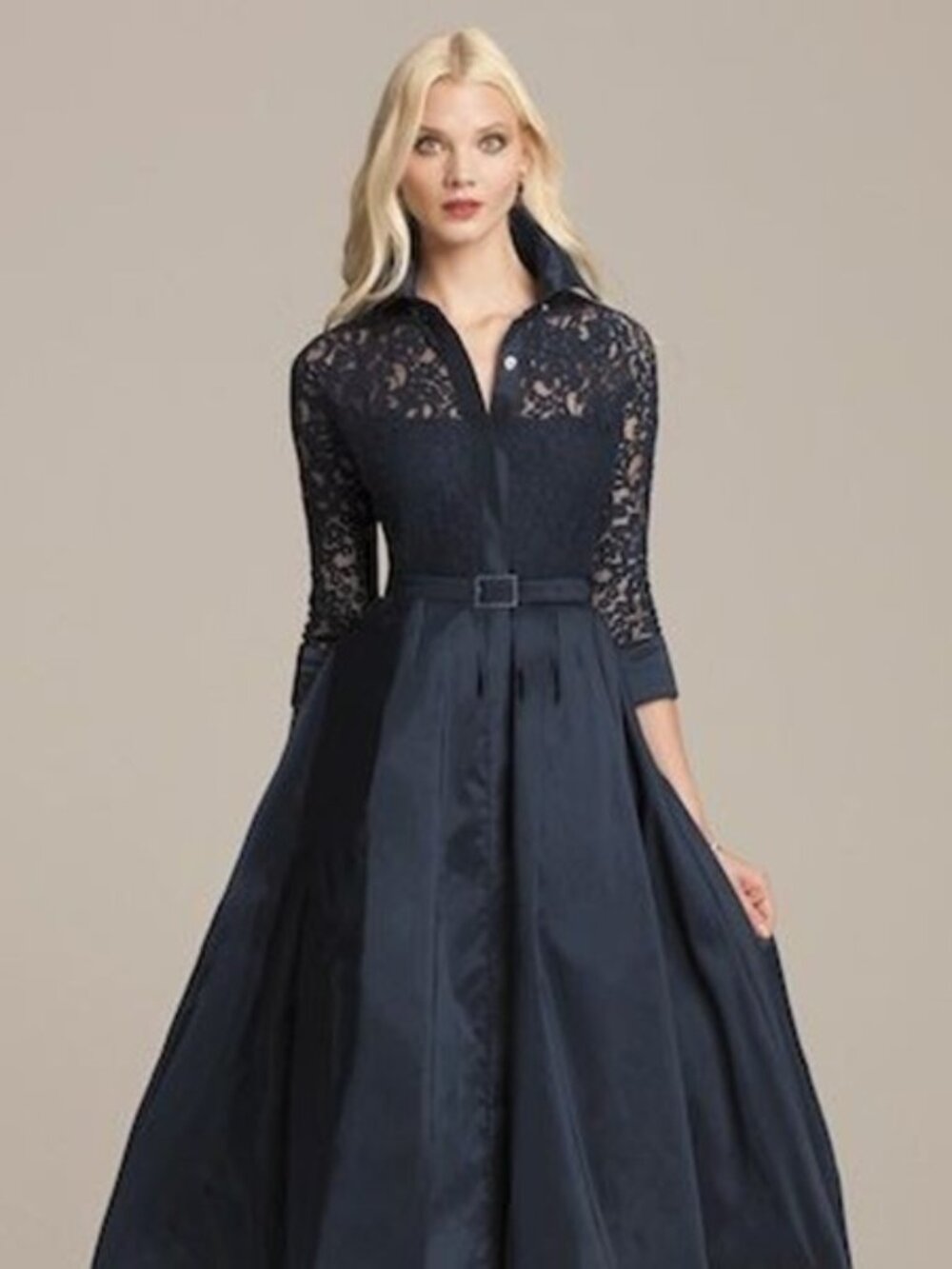 TERI JON 16 Beautiful NAVY BLUE LACE TAFFETA SHIRT DRESS Long Gown Maxi
